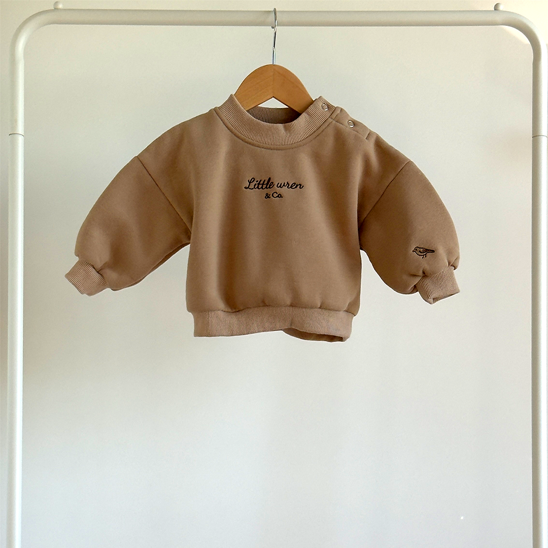 baby's sweatshirt on a hanger against a white background